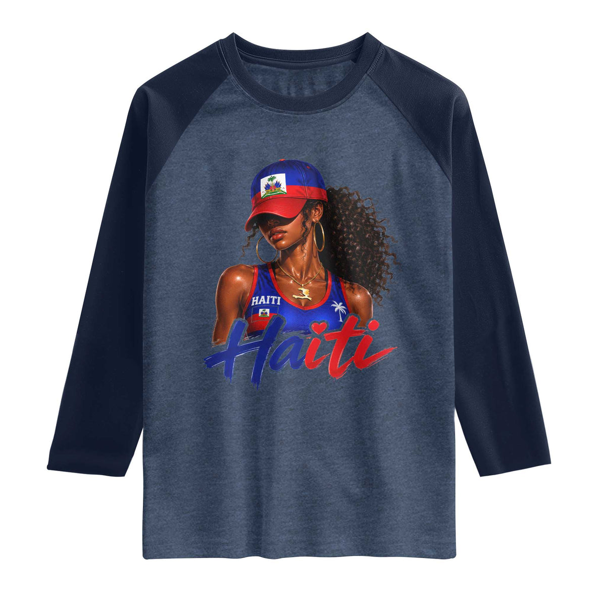 Haitian Girl Raglan Shirt Melanin Black Girls Haiti Flag Proud Haitienne TS10 Heather Denim Navy Print Your Wear