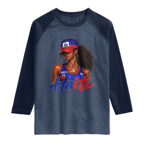 Haitian Girl Raglan Shirt Melanin Black Girls Haiti Flag Proud Haitienne TS10 Heather Denim Navy Print Your Wear