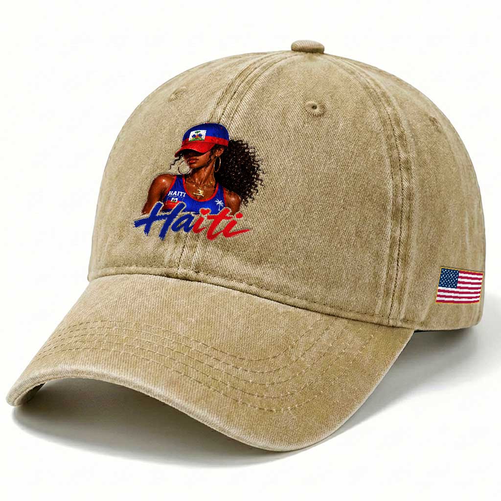 Haitian Girl Washed Cotton Baseball Cap Melanin Black Girls Haiti Flag Proud Haitienne TS10 Print Your Wear