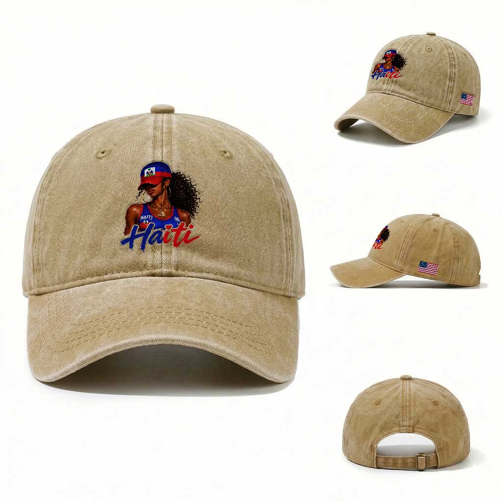 Haitian Girl Washed Cotton Baseball Cap Melanin Black Girls Haiti Flag Proud Haitienne TS10 Washed Cap Universal Fit Khaki Print Your Wear