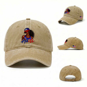 Haitian Girl Washed Cotton Baseball Cap Melanin Black Girls Haiti Flag Proud Haitienne TS10 Washed Cap Universal Fit Khaki Print Your Wear