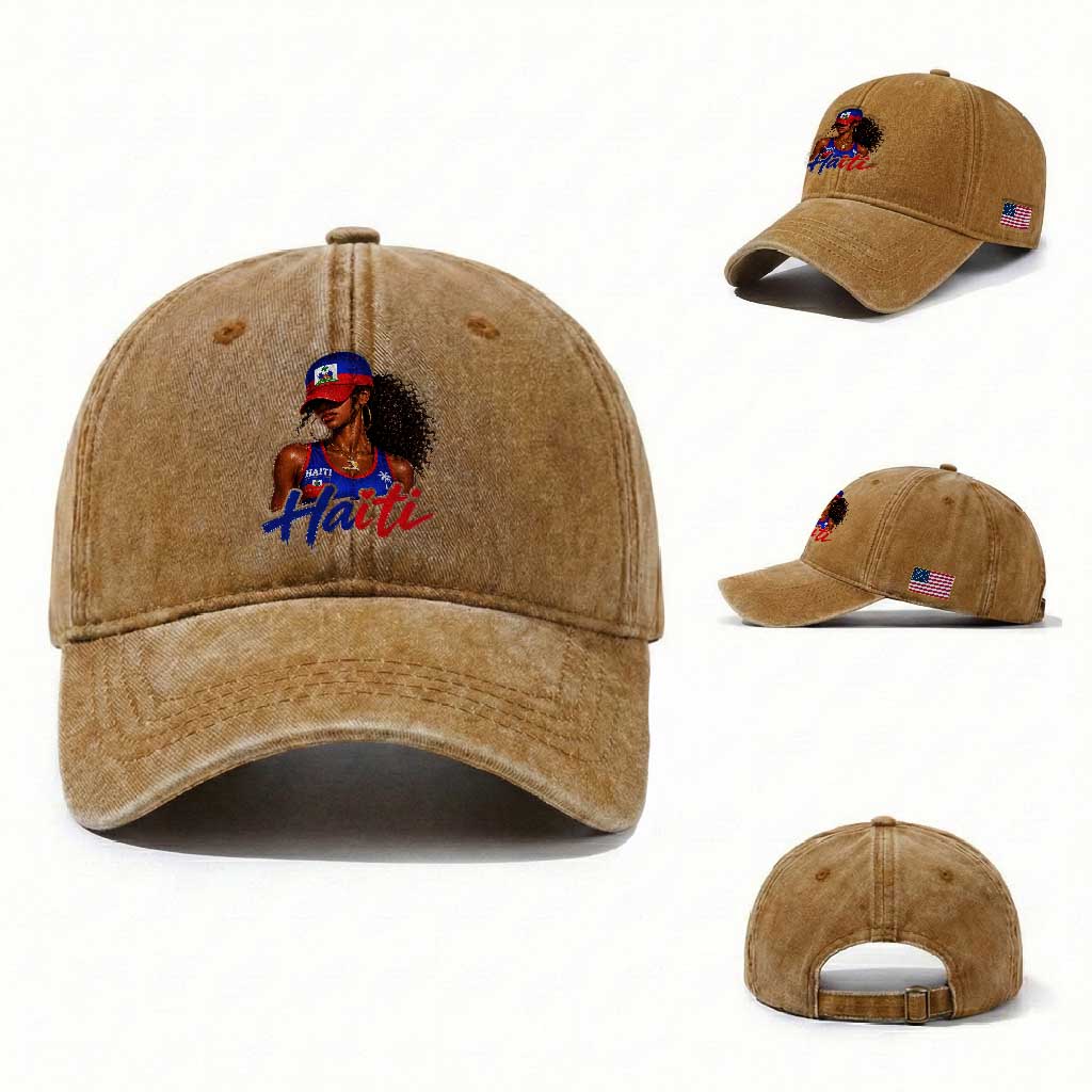 Haitian Girl Washed Cotton Baseball Cap Melanin Black Girls Haiti Flag Proud Haitienne TS10 Washed Cap Universal Fit Yellow Ochre Print Your Wear