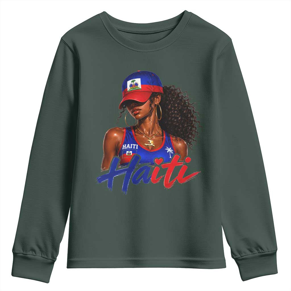 Haitian Girl Youth Sweatshirt Melanin Black Girls Haiti Flag Proud Haitienne TS10 Dark Forest Green Print Your Wear