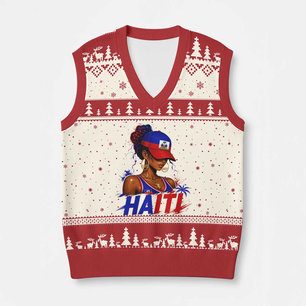 Haitian Princess V-Neck Knit Sweater Vest Haiti Flag Haitienne Melanin Black Girls TS10 Beige Red Print Your Wear