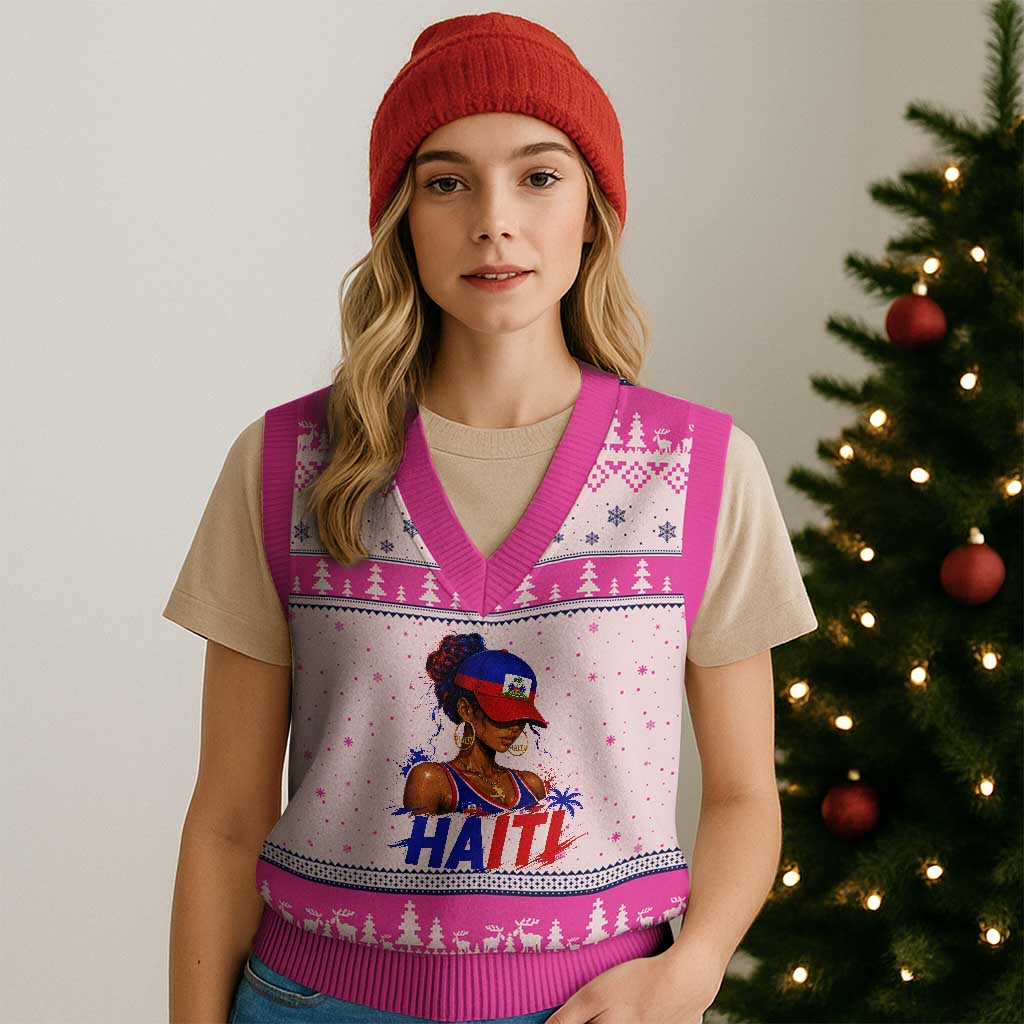 Haitian Princess V-Neck Knit Sweater Vest Haiti Flag Haitienne Melanin Black Girls TS10 Hot Pink Print Your Wear