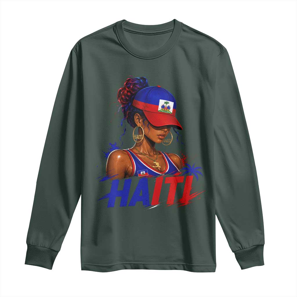 Haitian Princess Long Sleeve Shirt Haiti Flag Haitienne Melanin Black Girls TS10 Dark Forest Green Print Your Wear
