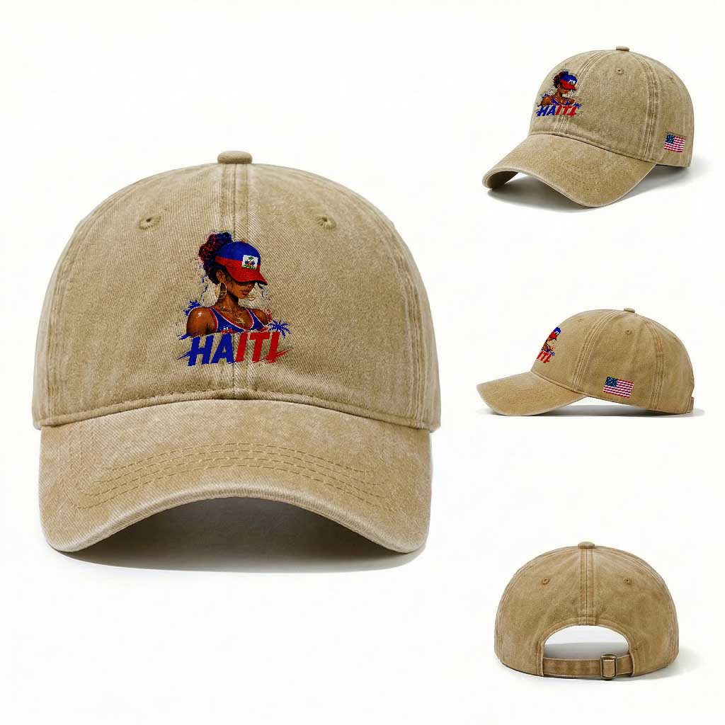 Haitian Princess Washed Cotton Baseball Cap Haiti Flag Haitienne Melanin Black Girls TS10 Washed Cap Universal Fit Khaki Print Your Wear