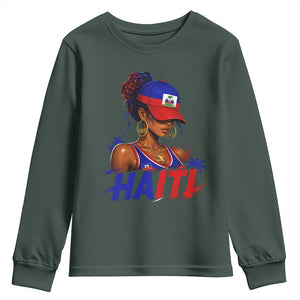 Haitian Princess Youth Sweatshirt Haiti Flag Haitienne Melanin Black Girls TS10 Dark Forest Green Print Your Wear