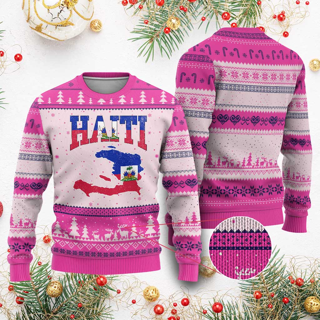 Haiti Pride Ugly Christmas Sweater Retro Vintage Haitian Flag Map Pride Graphic TS10 Hot Pink Print Your Wear