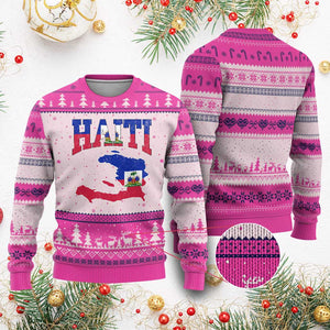 Haiti Pride Ugly Christmas Sweater Retro Vintage Haitian Flag Map Pride Graphic TS10 Hot Pink Print Your Wear