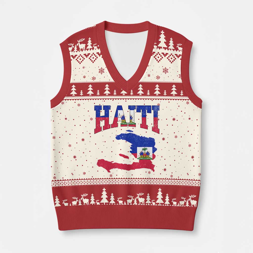 Haiti Pride V-Neck Knit Sweater Vest Retro Vintage Haitian Flag Map Pride Graphic TS10 Beige Red Print Your Wear