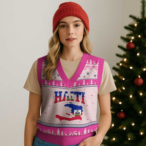 Haiti Pride V-Neck Knit Sweater Vest Retro Vintage Haitian Flag Map Pride Graphic TS10 Hot Pink Print Your Wear