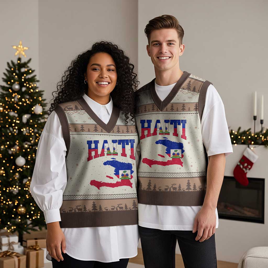 Haiti Pride V-Neck Knit Sweater Vest Retro Vintage Haitian Flag Map Pride Graphic TS10 Mocha Mousse Print Your Wear