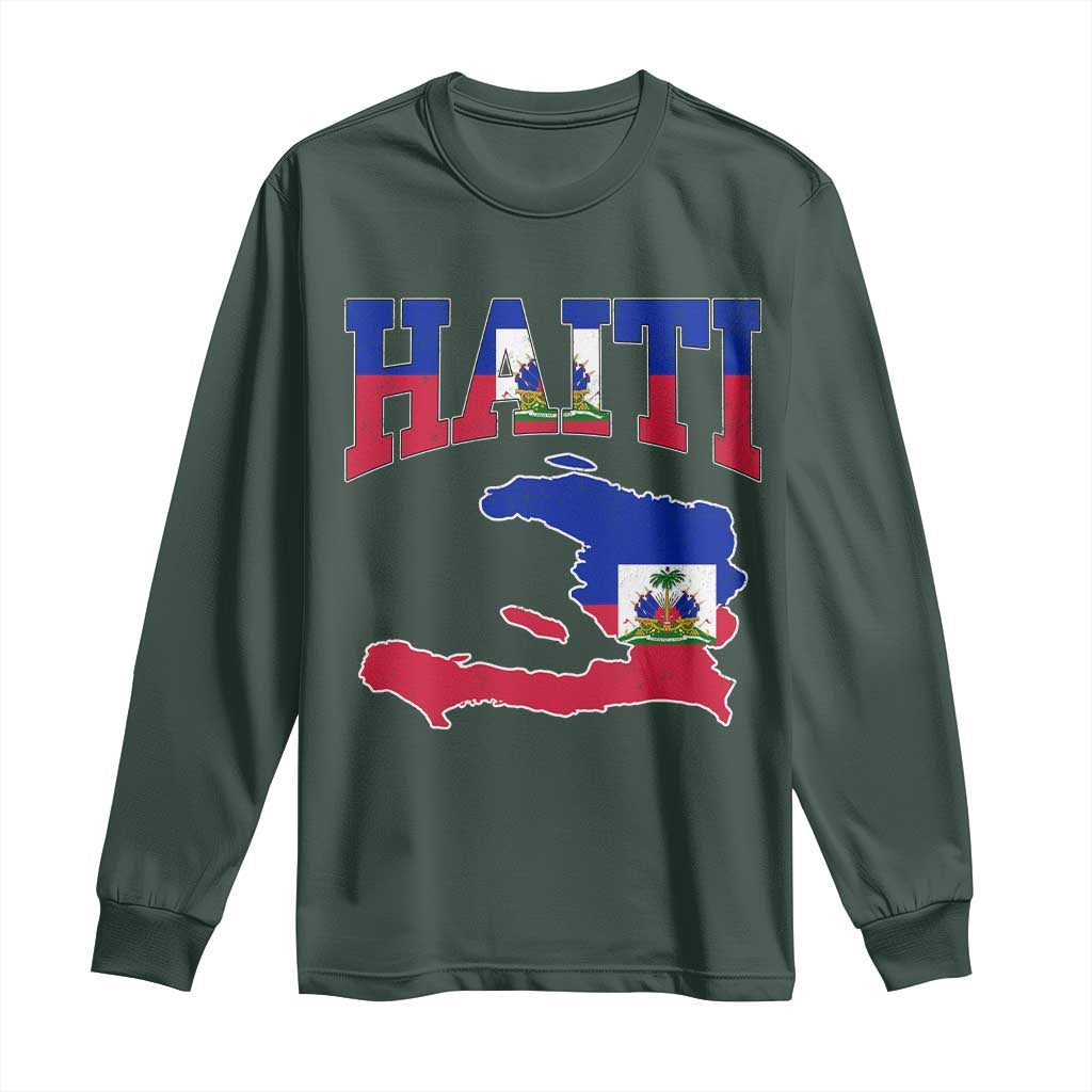 Haiti Pride Long Sleeve Shirt Retro Vintage Haitian Flag Map Pride Graphic TS10 Dark Forest Green Print Your Wear