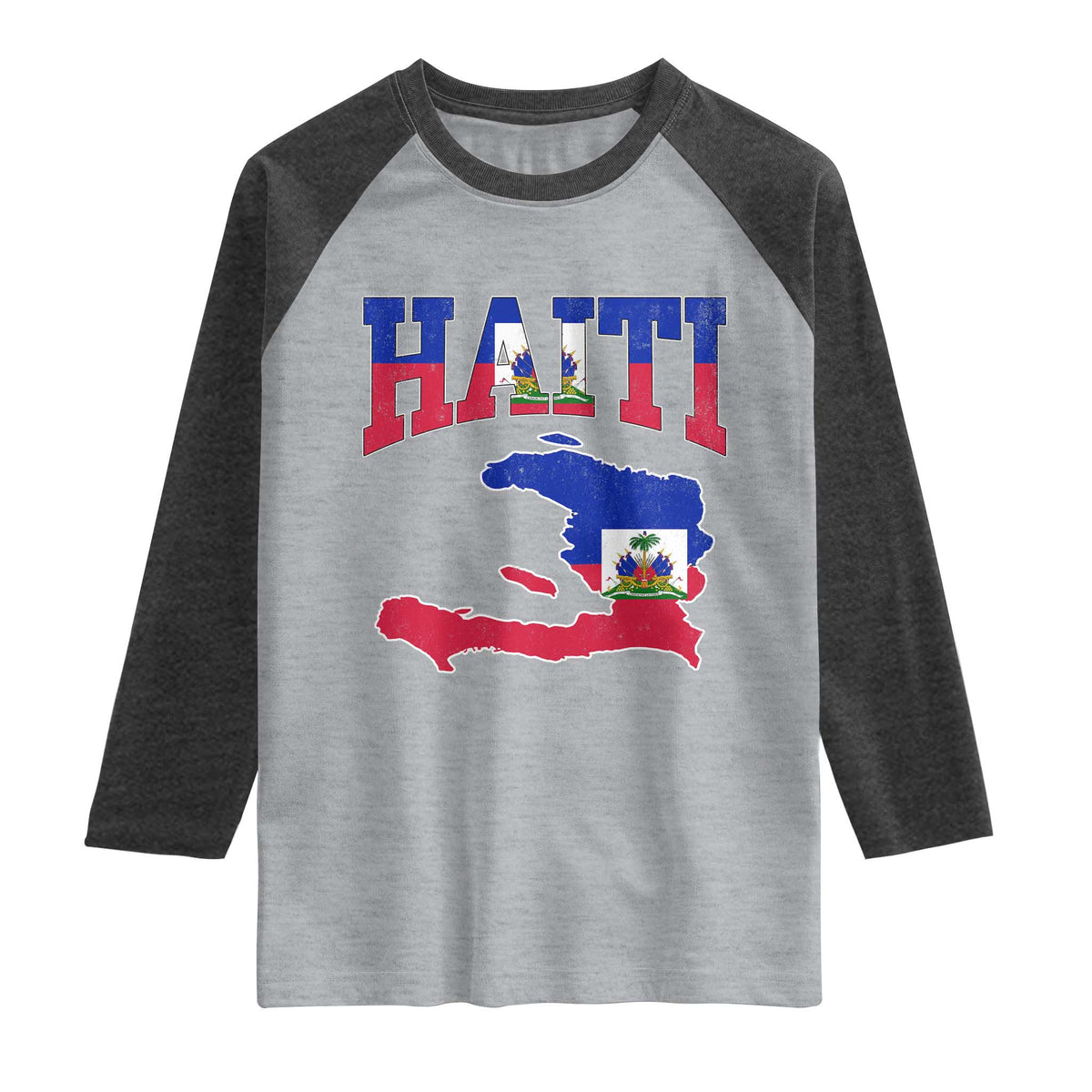 Haiti Pride Raglan Shirt Retro Vintage Haitian Flag Map Pride Graphic TS10 Heather Gray Heather Charcoal Print Your Wear