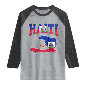 Haiti Pride Raglan Shirt Retro Vintage Haitian Flag Map Pride Graphic TS10 Heather Gray Heather Charcoal Print Your Wear
