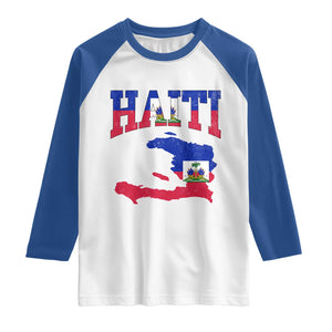Haiti Pride Raglan Shirt Retro Vintage Haitian Flag Map Pride Graphic TS10 White Royal Print Your Wear