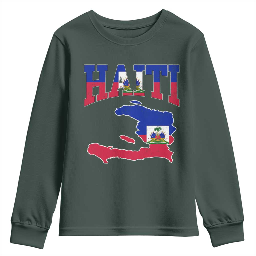 Haiti Pride Youth Sweatshirt Retro Vintage Haitian Flag Map Pride Graphic TS10 Dark Forest Green Print Your Wear
