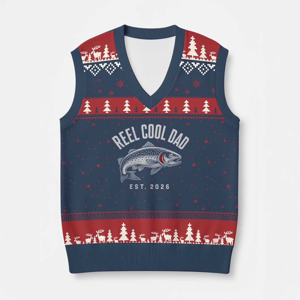 Reel Cool Dad Est 2026 V-Neck Knit Sweater Vest Trout Fishing Vintage First Time Dad Fathers Day