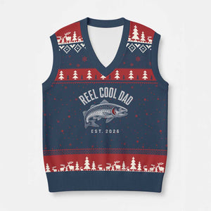 Reel Cool Dad Est 2026 V-Neck Knit Sweater Vest Trout Fishing Vintage First Time Dad Fathers Day