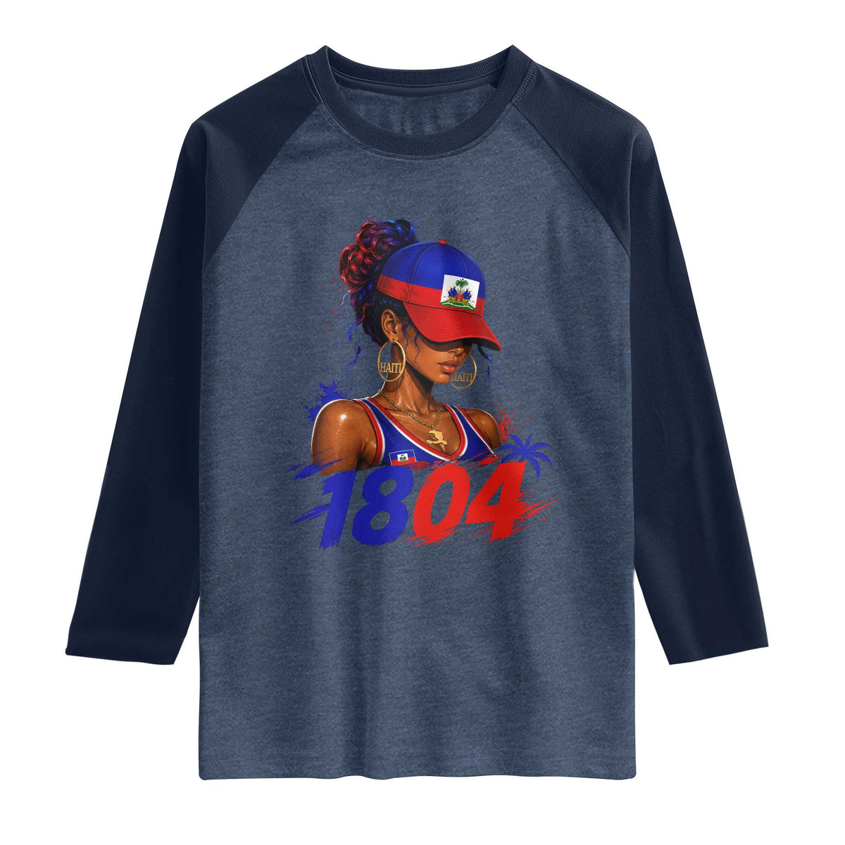 Haitian Revolution 1804 Raglan Shirt Haiti Flag Independence Day Haitian Girl Graphic TS10 Heather Denim Navy Print Your Wear