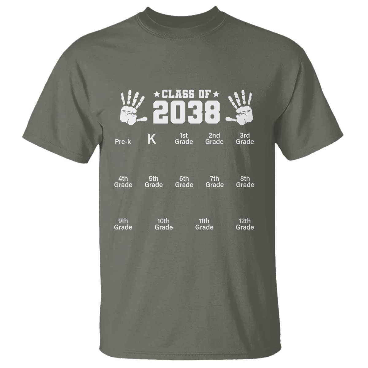 Class of 2038 Grow With Me T Shirt Handprint Pre-K to 12th Grade Graduation TS10 Military Green Print Your Wear