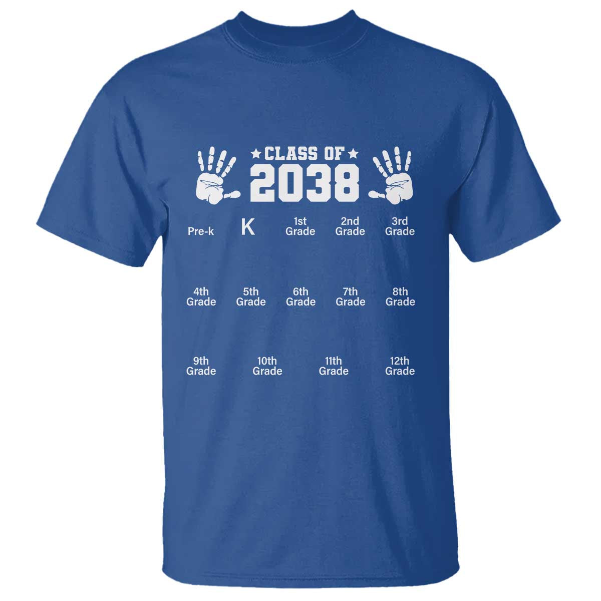 Class of 2038 Grow With Me T Shirt Handprint Pre-K to 12th Grade Graduation TS10 Royal Blue Print Your Wear