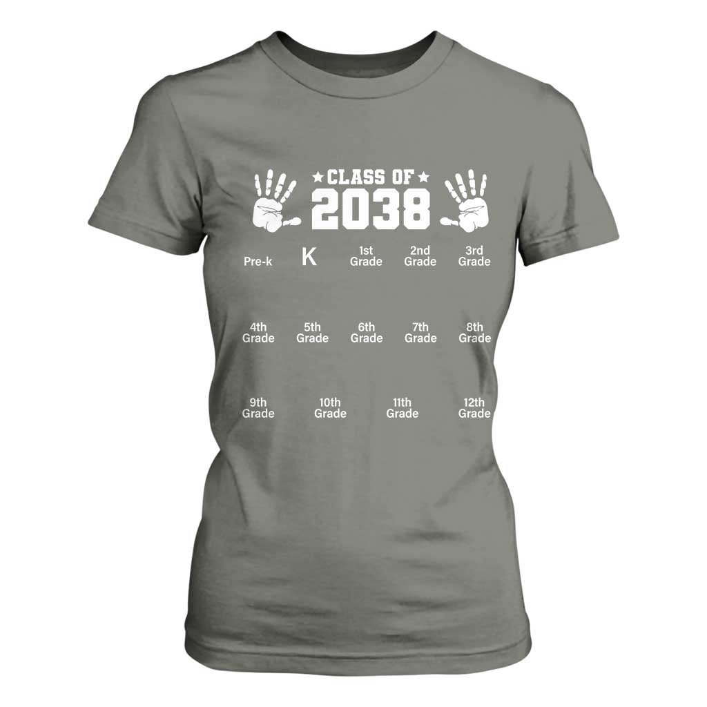 Class of 2038 Grow With Me T Shirt For Women Handprint Pre-K to 12th Grade Graduation TS10 Military Green Print Your Wear