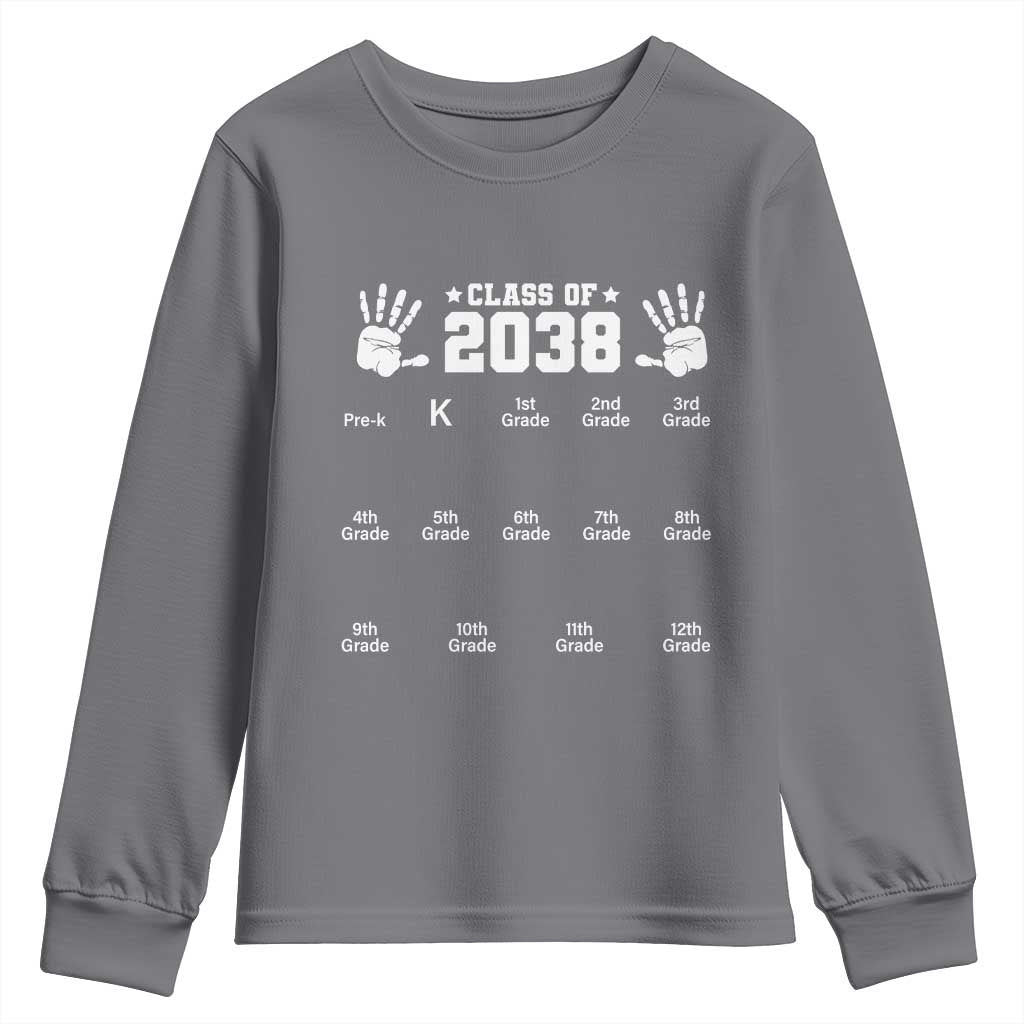 Class of 2038 Grow With Me Youth Sweatshirt Handprint Pre-K to 12th Grade Graduation TS10 Charcoal Print Your Wear
