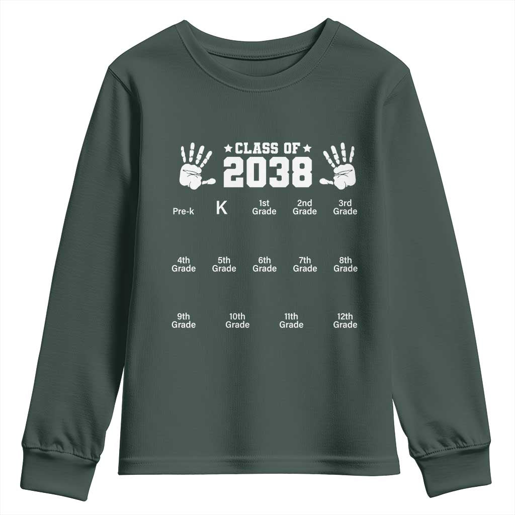 Class of 2038 Grow With Me Youth Sweatshirt Handprint Pre-K to 12th Grade Graduation TS10 Dark Forest Green Print Your Wear