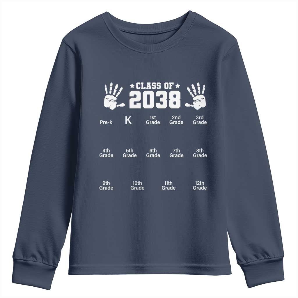 Class of 2038 Grow With Me Youth Sweatshirt Handprint Pre-K to 12th Grade Graduation TS10 Navy Print Your Wear