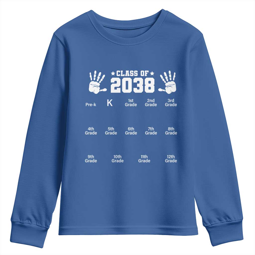 Class of 2038 Grow With Me Youth Sweatshirt Handprint Pre-K to 12th Grade Graduation TS10 Royal Blue Print Your Wear