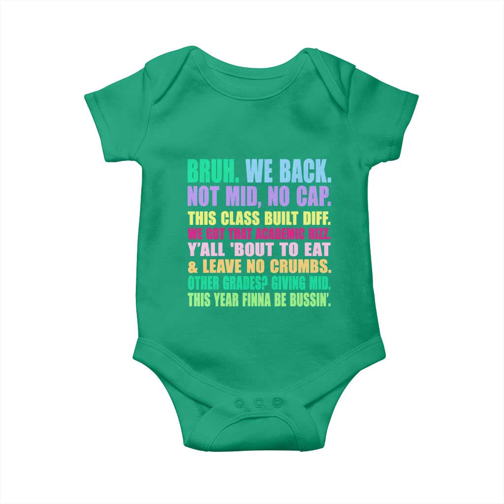 Funny Bruh We Back To School Baby Onesie Gen A Slang Happy First Day Of School TS10 Irish Green Print Your Wear