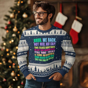 Funny Bruh We Back To School Ugly Christmas Sweater Gen A Slang Happy First Day Of School TS10 Navy Beige Print Your Wear