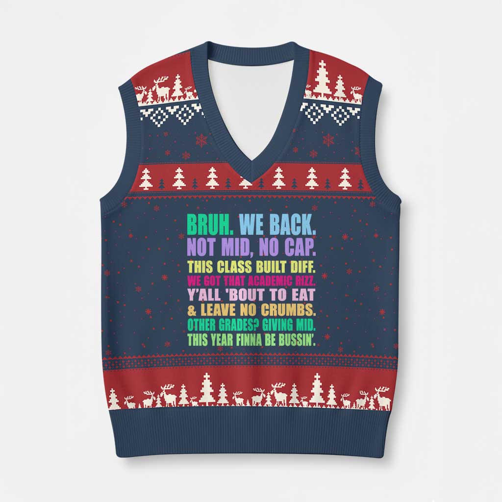 Funny Bruh We Back To School V-Neck Knit Sweater Vest Gen A Slang Happy First Day Of School TS10 Navy Red Print Your Wear