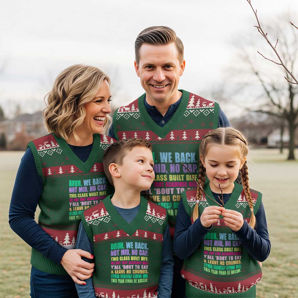 Funny Bruh We Back To School V-Neck Knit Sweater Vest Gen A Slang Happy First Day Of School TS10 Red Green Print Your Wear