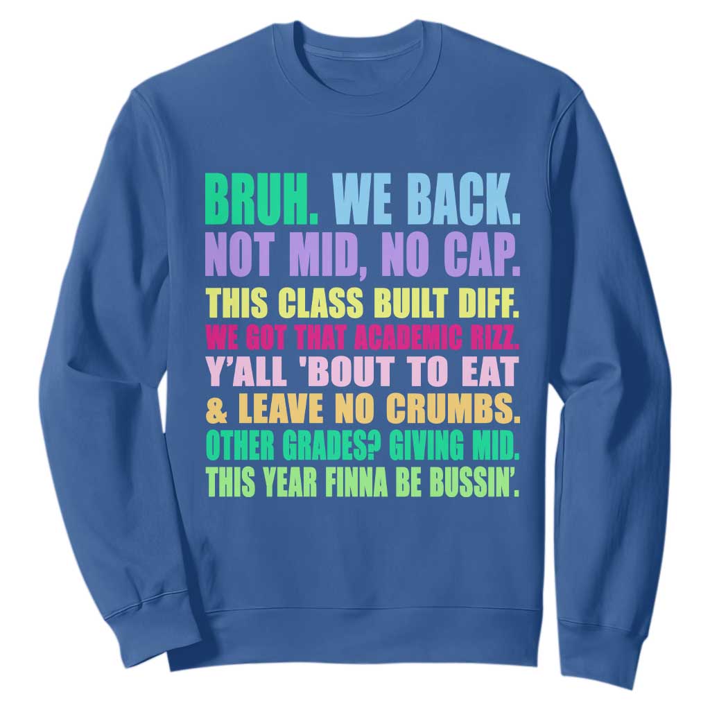 Funny Bruh We Back To School Sweatshirt Gen A Slang Happy First Day Of School TS10 Royal Blue Print Your Wear
