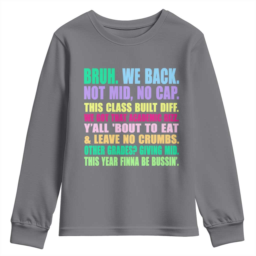 Funny Bruh We Back To School Youth Sweatshirt Gen A Slang Happy First Day Of School TS10 Charcoal Print Your Wear