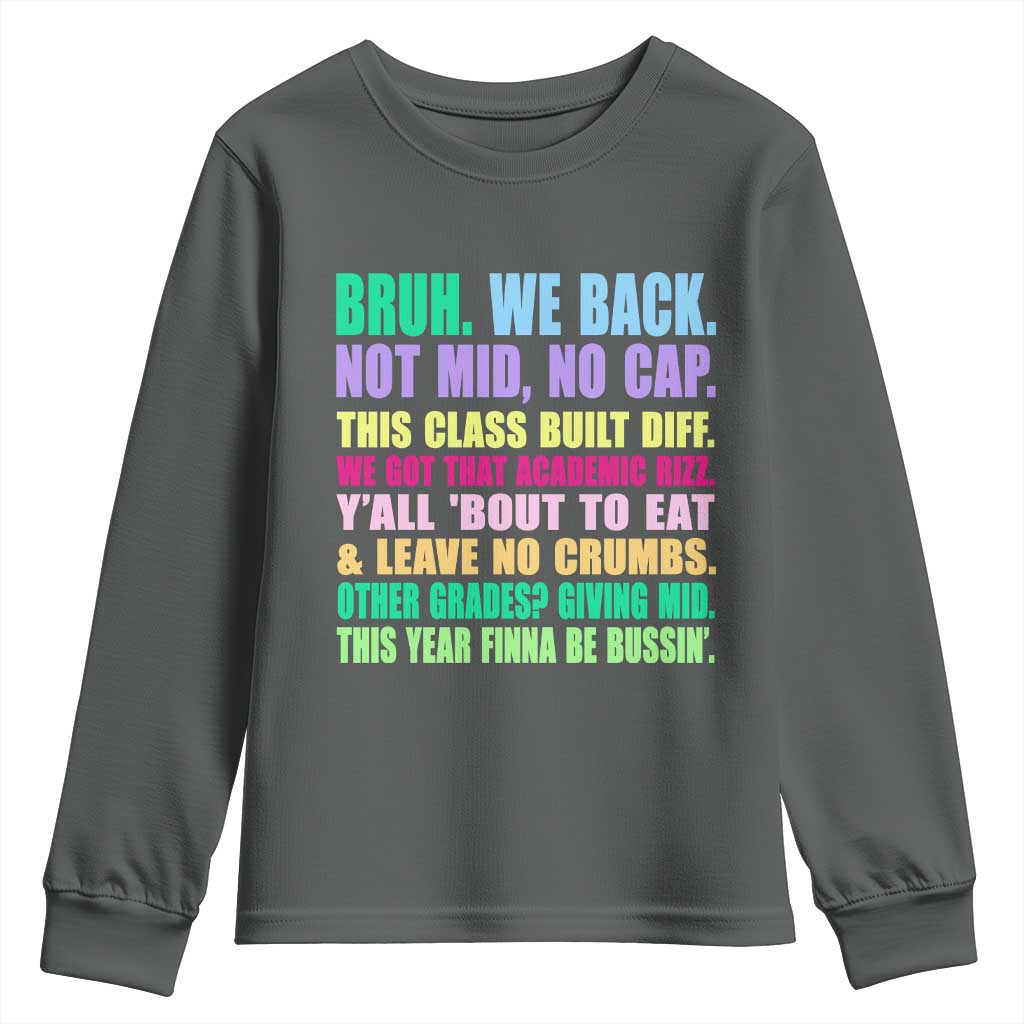 Funny Bruh We Back To School Youth Sweatshirt Gen A Slang Happy First Day Of School TS10 Dark Heather Print Your Wear
