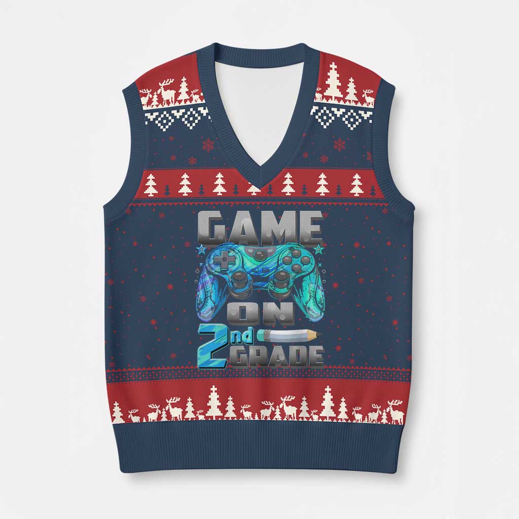 Back to School 2nd Grade Gamer V-Neck Knit Sweater Vest Boys Kids Back To School First Day TS10 Navy Red Print Your Wear