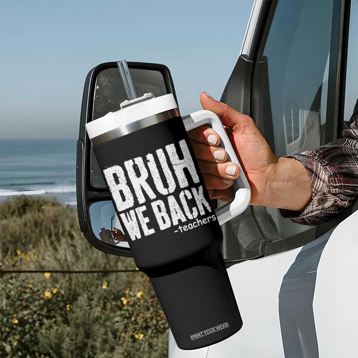 Bruh We Back Teacher Tumbler With Handle Happy First Day Of School TS10 Print Your Wear