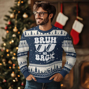 Bruh We Back Teacher Ugly Christmas Sweater Funny Back To School Gen A Slang Sunglasses TS10 Navy Beige Print Your Wear