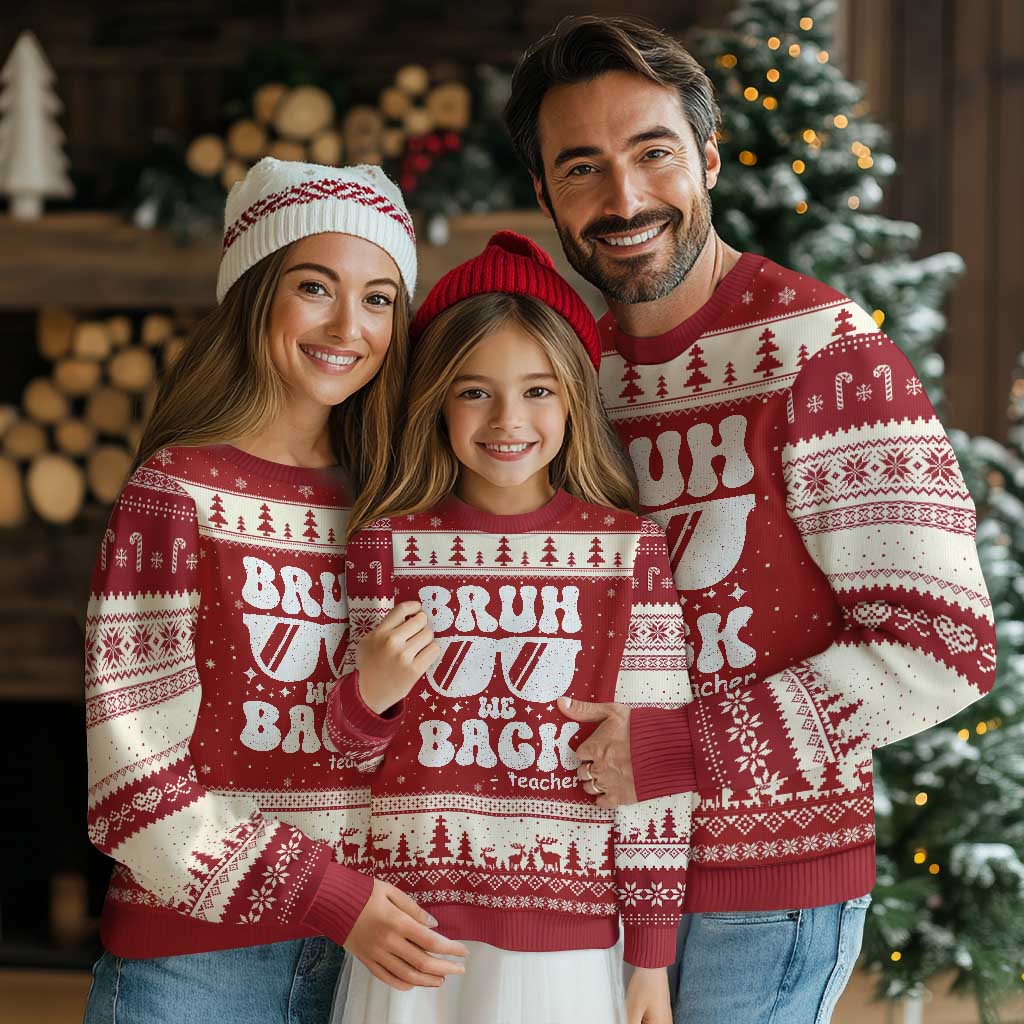 Bruh We Back Teacher Ugly Christmas Sweater Funny Back To School Gen A Slang Sunglasses TS10 Red Beige Print Your Wear