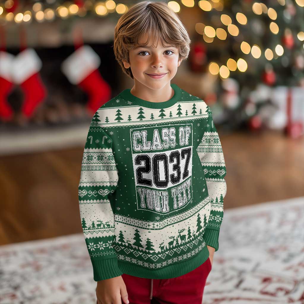 Personalized Class of 2037 Ugly Christmas Sweater Custom Name Grow With Me To Graduation TS10 Forest Green Beige Print Your Wear