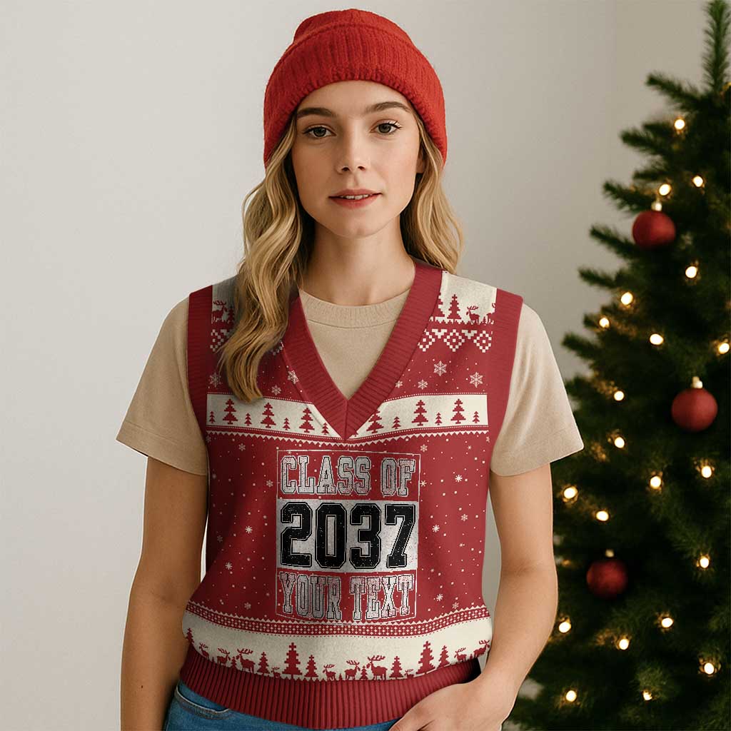 Personalized Class of 2037 V-Neck Knit Sweater Vest Custom Name Grow With Me To Graduation TS10 Red Beige Print Your Wear