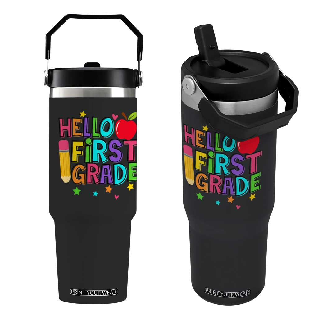 Hello First Grade Teacher Flip Straw Tumbler Back To School 1st Grade Team TS10 One Size: 30 oz Black Print Your Wear