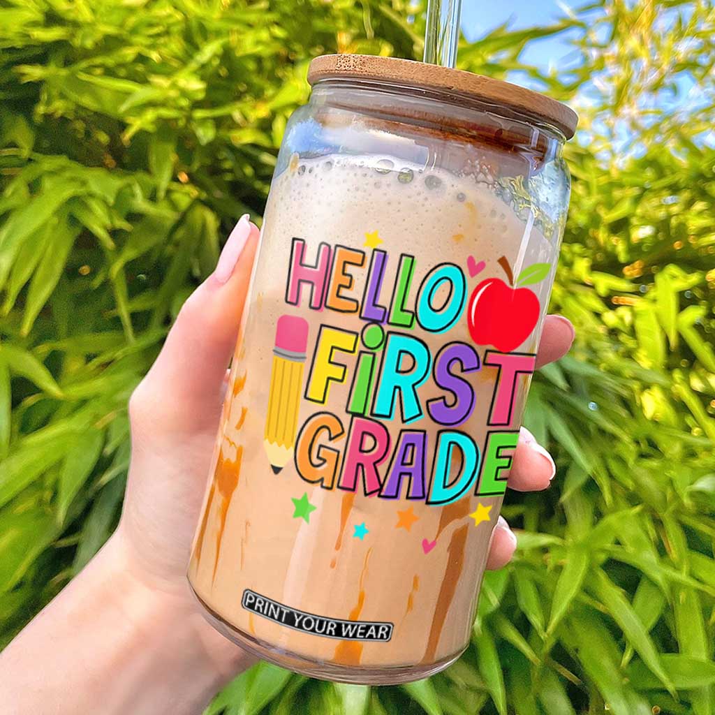 Hello First Grade Teacher Glass Can Back To School 1st Grade Team TS10 White Print Your Wear