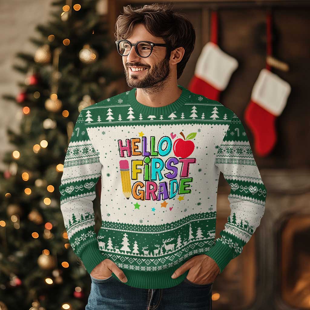 Hello First Grade Teacher Ugly Christmas Sweater Back To School 1st Grade Team TS10 Beige Green Print Your Wear
