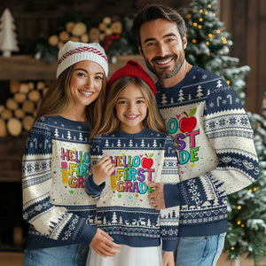 Hello First Grade Teacher Ugly Christmas Sweater Back To School 1st Grade Team TS10 Beige Navy Print Your Wear