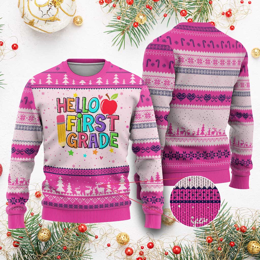 Hello First Grade Teacher Ugly Christmas Sweater Back To School 1st Grade Team TS10 Hot Pink Print Your Wear
